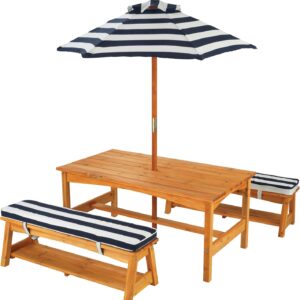 Set tavolo e panca da esterno con cuscini e ombrellone - Strisce blu navy e bianche